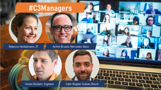 The hosts of the Cross-Company Communtiy Managers Meetup are Rebecca Henkelmann (ZF), Bogdan Calin Suetan (Bosch, Simon Dückert (Cogneon), Achim Brueck (Mercedes-Benz).
