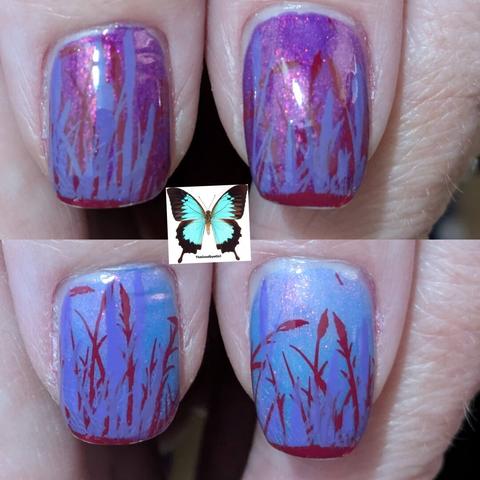 Two images stitched together, they show shows painted with the same polish, the top image is the cold state with no stamping visible and the bottom image shows the stamping image of grass in red and purple.