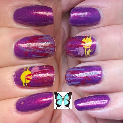 The cold state of the polish, only the yellow sum image is visible, these manicures are known as hidden stamping manicures as only when the polish is in its hot state can the images on the nails be seen.