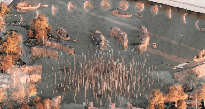 Vision of a Womb Temple integrated into the living, tidal environment of one of our great northern cities, with icons of lunar phases suspended above the estuary