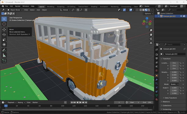 Image is a screenshot of Blender 3D DCC tool with an orange (bottom) and white (top) two tone voxel model of a Volkswagen classic style camper van on a road. The wheels and some of the trim are a shiny metallic material, the windows and light covers are transparent and the lights glow slightly. The model has been exported from Avoyd Voxel Editor to the glTF binary format.