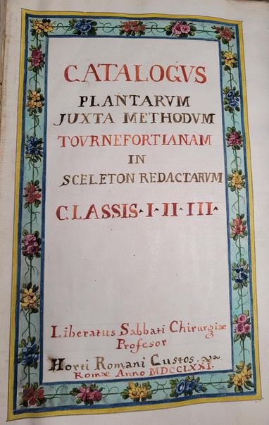 Front page of Sabbati's bound volumes with a margin of colourfully painted flowers.