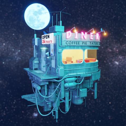 A 3D Sci-Fi diner floating in space. There is an android on the back of the diner smoking a cigarette. A sign on top says "Diner - Coffee Pie Taters." Another sign says "Open 24 hours." Inside the diner there is a table with a cup on it, and a pink cat sitting at the table.