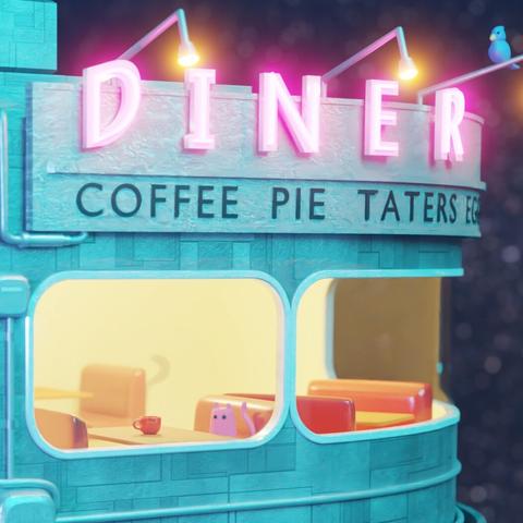 A 3D Sci-Fi diner floating in space. A sign on top says "Diner - Coffee Pie Taters." Inside the diner there is a table with a cup on it, and a pink cat sitting at the table.