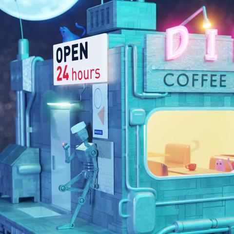 A 3D Sci-Fi diner floating in space. There is an android on the back of the diner smoking a cigarette. A sign says "Open 24 hours."