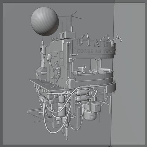 A 3D Sci-Fi diner floating in space. There is an android on the back of the diner smoking a cigarette. Inside the diner there is a table with a cup on it, and a pink cat sitting at the table. This is a screenshot of the Blender viewport with all textures displayed as gray.