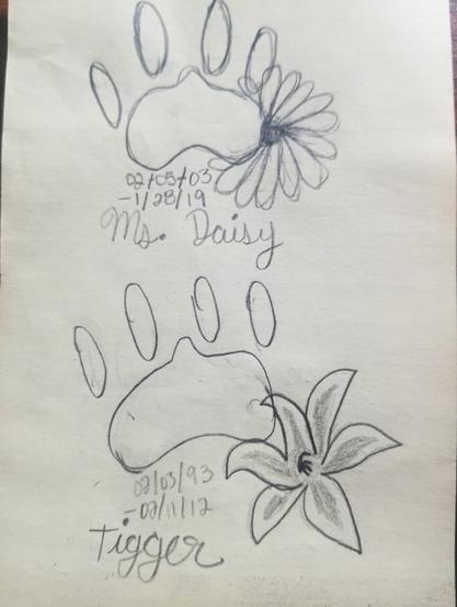 A simple memorial drawn by my daughter Mary. She drew two pawprints, one above the other. Next to the top pawprint, she wrote "02/05/03 to 01/28/12, Miss Daisy" and next to the lower one she wrote "02/03/93 to 02/11/12, Tigger."