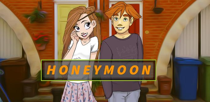A colorful illustration of two teenaged characters. On the left, is a young woman. To her right, is a young man. Behind them, are brightly colored homes. The game title "HONEYMOON" is overlayed this illustration.