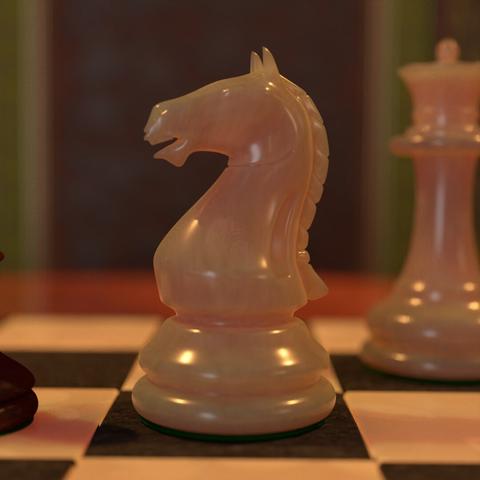 Side profile of 3D rendered chess knight piece in ivory.