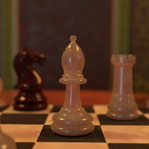 Side profile of 3D rendered chess bishop piece in ivory.