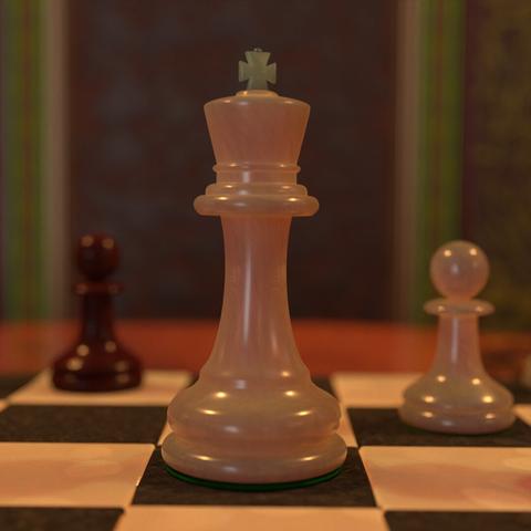 Side profile of 3D rendered chess king piece in ivory.