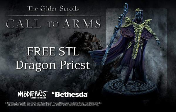 A dark fantasy-themed promo image featuring a mystical Dragon Priest character with glowing eyes, advertising free STL files for 3D printing by Modiphius and MyMiniFactory.
