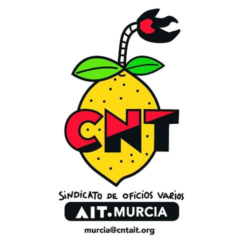 Imagen con el logo de la CNT-AIT de Murcia. Aparece un limón amarillo con las letras "CNT" en rojo y negro sobre él. El limón tiene una mecha encendida como una bomba. Debajo del limón, se lee "SINDICATO DE OFICIOS VARIOS" y "AIT.MURCIA", con la dirección de correo electrónico "murcia[@]cntait.org" debajo.  El diseño es estilo cómic.