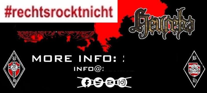 Ausschnitt Sharepic, in rot/schwarz gehalten. Rechts Logo Heureka, links und rechts unten Logos von Blood&Honour Ungarn. Text "more info" von mir unkenntlich gemacht. Unten in der Mitte durchgestrichene Symbole facebook, Twitter, youtube, Instagram

Cut-out Sharepic, in red/black. Heureka logo on the right, Blood&Honour Hungary logos on the bottom left and right. Text ‘more info’ made unrecognisable by me. Crossed out symbols facebook, Twitter, youtube, Instagram at the bottom centre