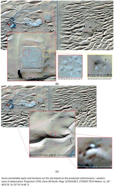 maps - Some remarkable spots and locations on the site based on the produced orthomosaics—western zone of observation. Projection: UTM, Zone 40 North. Map: 321634.89 E, 2729207.78 N Meters. LL: 24°40′0.76″ N, 55°14′14.40″ E.
