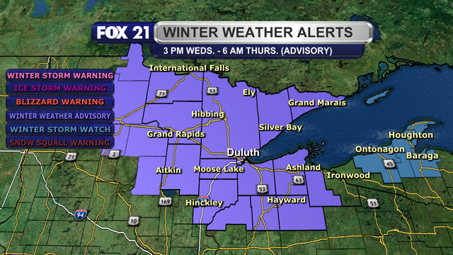 A Winter Weather Advisory is in effect for nearly all of the Northland for the rest of this Wednesday, February 5, 2025, through 6 a.m. on Thursday, February 6, 2025.  Snowfall totals of 2 to 6 inches are likely.  Those counties not in the advisory are Gogebic, Iron, and Ontonagon.  Ontonagon County is under a Winter Storm Watch for most of Thursday.  This will likely be upgraded to an advisory, Winter Storm Warning, or even a Blizzard Warning as wind gusts of up to 55 mph are possible in this area, as well as 2 to 5 inches of snowfall.