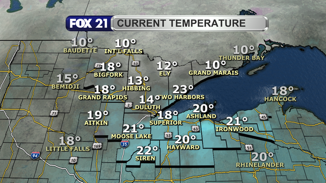 Temperatures in the Northland just before 1:30 p.m. on February 5, 2025, range from 10 to 22 degrees Fahrenheit.