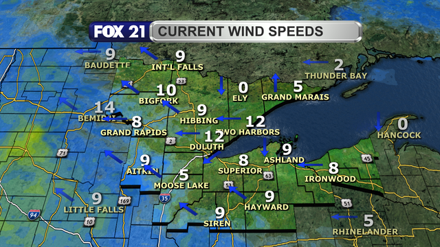 Wind speeds in the Northland just before 1:30 p.m. on February 5, 2025, range from calm to 12 mph.  Wind direction is primarily from the southeast.