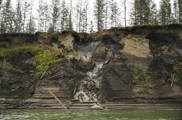 photo - permafrost on a steep slope, with an ice wedge, Arctic Alaska