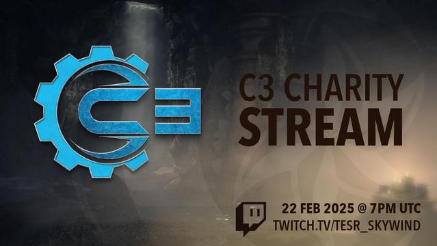 A graphic of a moonlit tomb, overlaid with a logo reading “C3” and the text “C3 Charity Stream, 22 Feb 2025 at 7PM UTC” and a URL, “twitch.tv/tesr_skywind”.