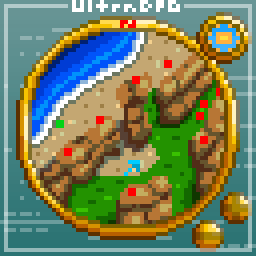 Pixel art of a minimap. The boarder is gold with a red N at the top. There's a little weather panel on the top right that shows a sun and on the bottom right are a zoom in and zoom out button. The map itself is a grassy mountainous area with a beach to the left. The blue cursor is the player, the red dots are enemies, and the green one is an NPC.