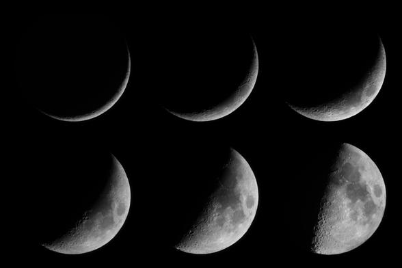 Der zunehmende Mond an sechs aufeinanderfolgenden Abenden von der schmalen Sichel bis kurz nach Halbmond