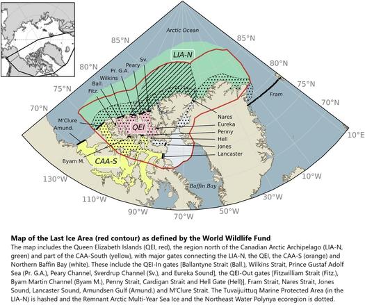 map - extent of the Last Ice Area (red contour) as defined by the World Wildlife Fund