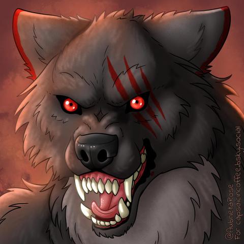 An illustrated portrait of Alexis, a snarling werewolf with dark grey fur and vivid red eyes, with a design of red claw marks over her eye and along the edges of her ears.