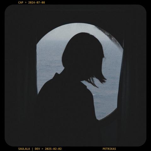 A photo of a silhouette in front of a round window of a ship. There is a bit of endless sea visible through the window. Moody, dark atmosphere