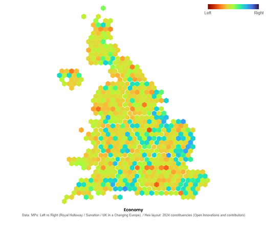 A hex cartogram showing UK constituencies coloured by how "left" or "right" the MP is. The overall look is pretty green (central) with a few red spots and some bluer bits in south and east of England.
