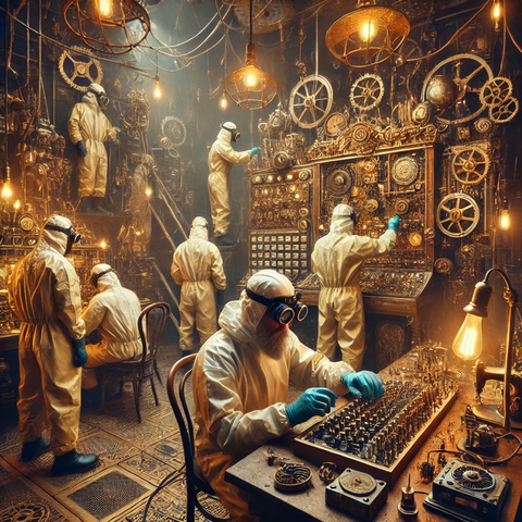 Steampunk artiges Kunsbild mit vielen Menschen in Schutzkleidung die Geschäftig aufräumen und reparierren, im Vordergrund eine ältere Person die ein größeres Ding mit vielen Röhren zu bearbeiten scheint.