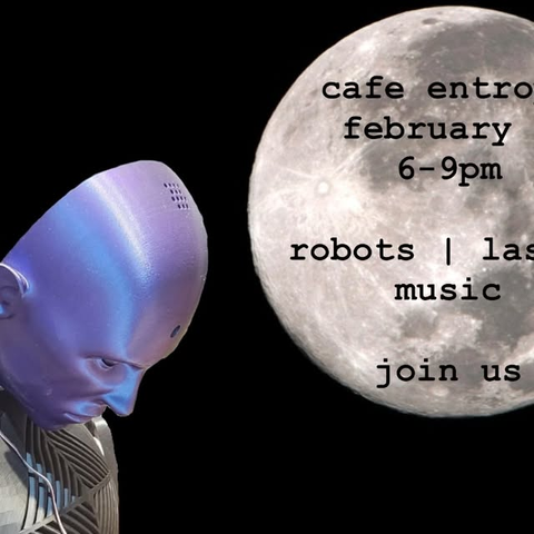 a poster for art walk event, showing a robot and picture of the moon, with event info on it.