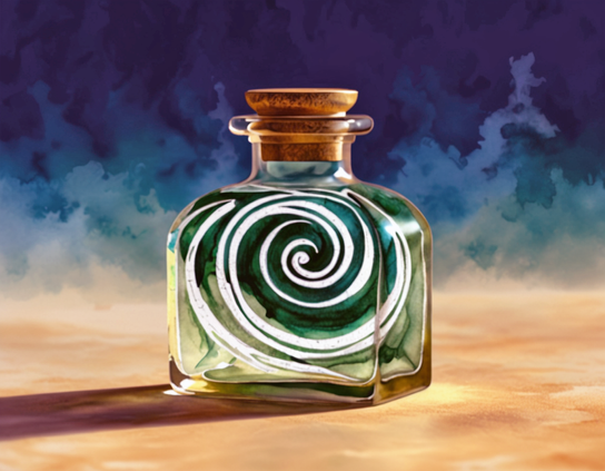 A short rectangular corked glass bottle with rounded shoulders, containing a a spiral design in green and white, sits on a vast sand-colored plain with an abstract teal and deep blue backdrop.