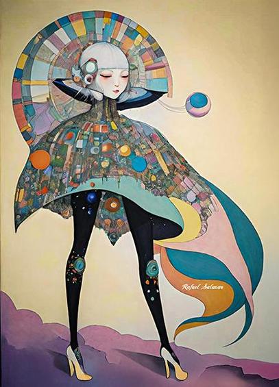 A fantastical artwork of a woman in a mosaic-style gown, with colorful planetary motifs and an ethereal design, set against a light background by artist Rafael Salazar