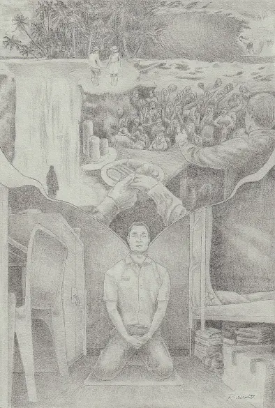 Hand drawn image of a man interred in prison. He is kneeling in his cell between the bunk and desk cabinet, envisioning a scene above his head of a couple holding hands and giving thanks over food and a crowd seated together and a couple in the distance holding hands.