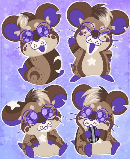 Four drawings of Jordan drawn as a Hamtaro style hamster. One is sitting there kneeling on their feet, smiling. Another is standing posed sassy with their hand on their hip, other hand in the air, and smiling with closed eyes. The third is sitting down looking sad with their ears back. The last one is sitting there contently nibbling on a sunflower seed.