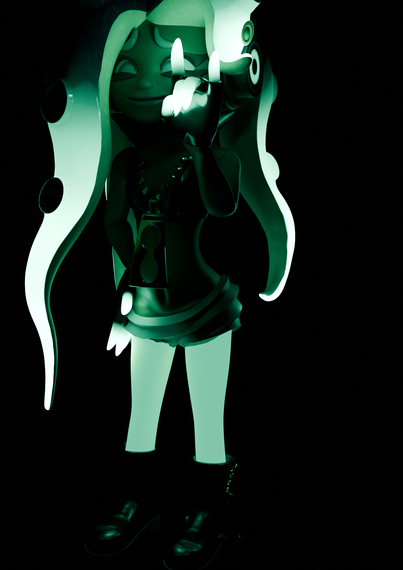 A 3D render of Marina from Splatoon 2 in a black void, showing her fingers, tentacles, and pants glowing in the dark.  She is giving the sign of the horns with her left hand, and her right hand rests on her hip.