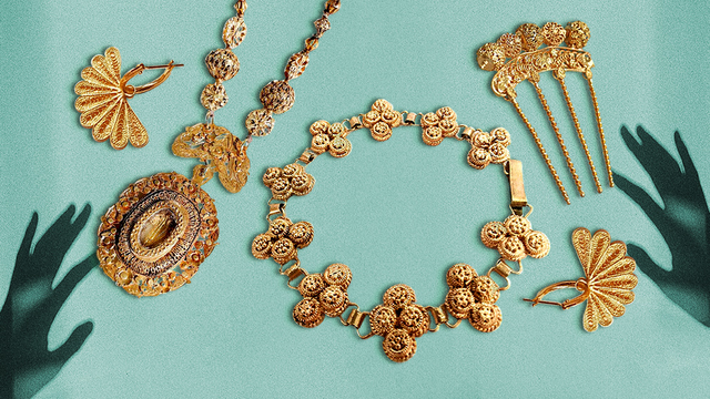 a full set of gold filled tambourine jewelry featuring fan-like earrings, an ornate necklace with a circular pendant, a bracelet with spiral patterns, and a haircomb
