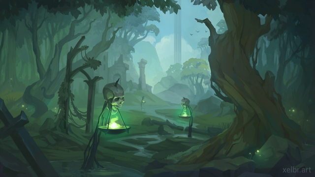 Fantasy-style illustration of the Termogent Forest from the game Legacy of Kain. It shows swampy terrain with green lights and Pillars of Nosgoth in the distance.