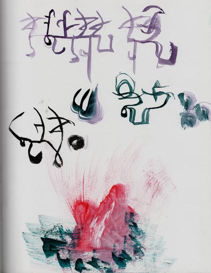 Sloppily written surfneblin words, left to right,
with a dagger brush.
Also a campfire or something!