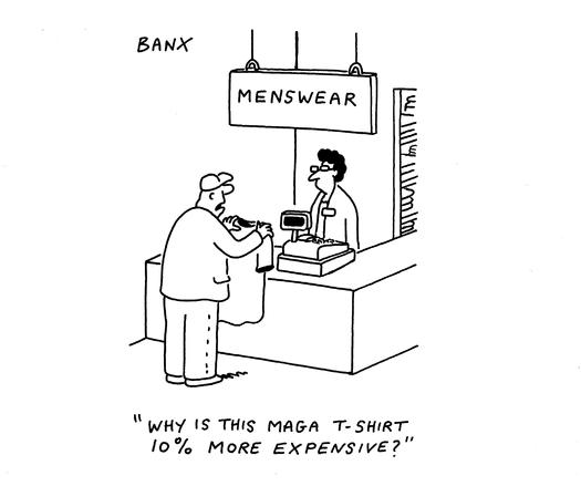 Man stands in front of the menswear cash till holding up a T shirt and asks cashier "Why is this MAGA T-Shirt 10% more expensive?"
