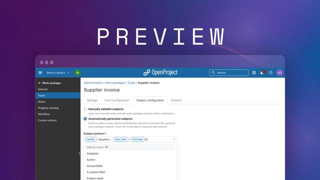 Preview: Screenshot of the settings for this upcoming feature, automatically generated work package subjects