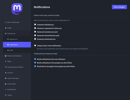 mstdn.jp profile settings to block "follow spam".

If someone spams follows or follow requests to you, your notifications won't be spammed thanks to these settings being turned on.

1. Click/tap on "Edit profile"
2. tap on "Preferences"
3. tap on "Notifications"

Now where it says:
"Other notifications settings"(looks like all caps)

Turn all these 3 options on by adding a checkmark to the checkbox:
4. Block notifications from non-followers
5. Block notifications from people you don't follow
6. Block direct messages from people you don't follow

Number 6 may be unrelated to the follow spam, but then this also protects you from people thinking that spamming you by sending you thousands of direct messages from multiple accounts will not be dealt with.

Number 6 is important for that reason.
