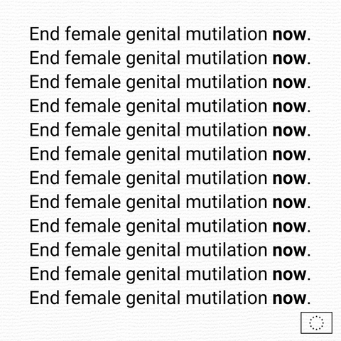 A repeating pattern of the phrase "End female genital mutilation now." on a textured, off-white background.