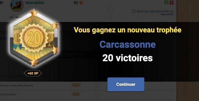 Capture d'écran du site BoardGameArena montrant un trophée pour 20 victoires au jeu Carcassonne