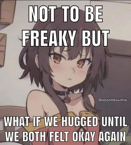 Image of Megumin from Konosuba looking slightly sad/depressed.
On it is written: "Not to be freaky, but what if we hugged until we both felt okay again"