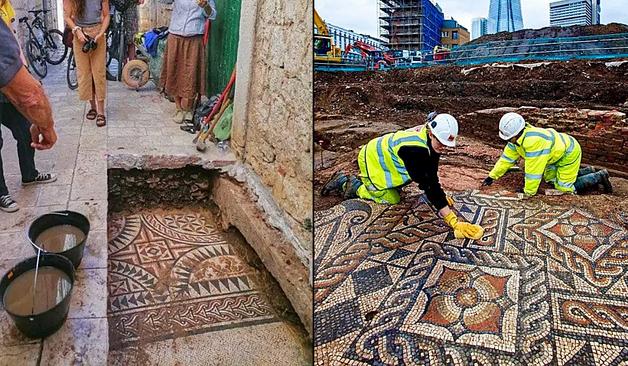 A newly discovered Roman mosaic in the old town of Hvar, Croatia, partially excavated beneath a narrow stone alley, as locals observe and archaeologists clean the intricate geometric patterns. On the right, two archaeologists in high-visibility gear carefully uncover an elaborate Roman mosaic in London, with The Shard skyscraper in the background, symbolizing the contrast between ancient and modern urban landscapes.