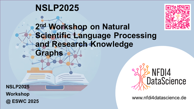 Sharepic showing an book with a graph cloud poppin gup in a circle. Another cirle shows the NFDI4DataScience Logo with a coloured tree. A pink QR-code top right. Front Text: NSLP2025  2nd Workshop on Natural Scientific Language Processing and Research Knowledge Graphs NSLP2025 Workshop@ESWC 2025