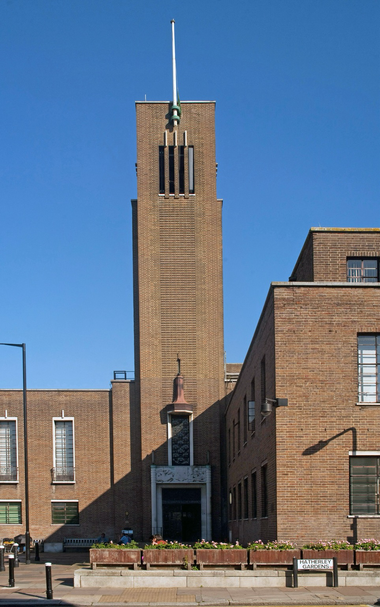 A colour photograph of the central staircase tower at Hornsey Town Hall