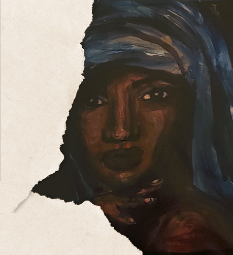 Tableau d'itkacréations représentant une femme à la peau noire, un tissu bleu sur la tête. Elle observe le spectateur avec gravité, la main posée sous le menton, épaule nue au premier plan .